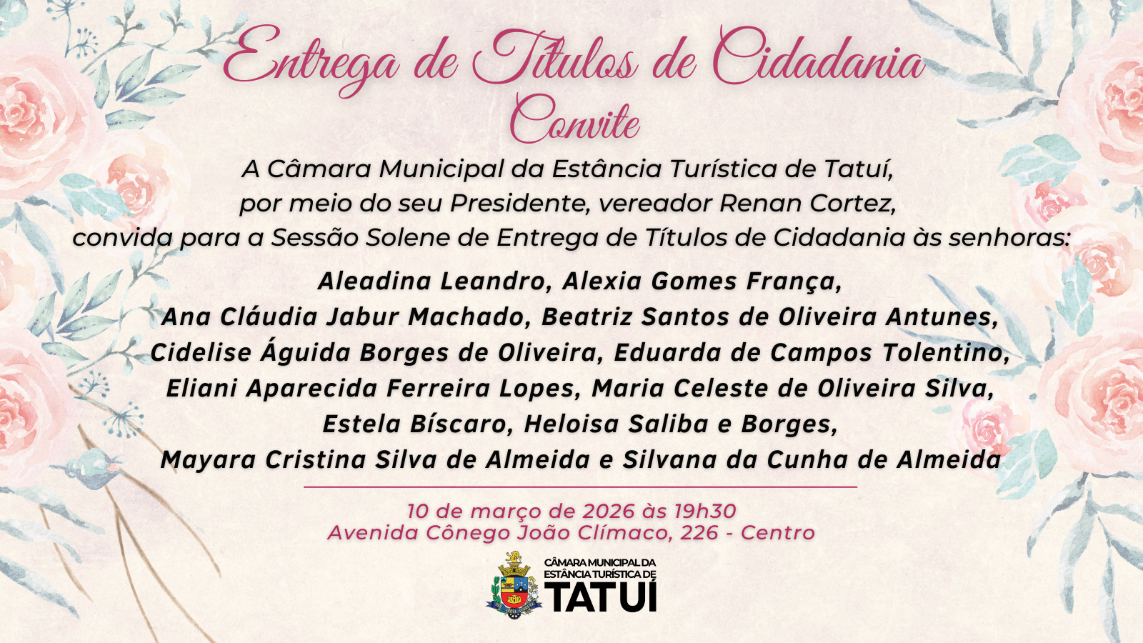 MULHERES SERÃO HOMENAGEADAS COM TÍTULOS DE CIDADANIA EM SESSÃO SOLENE ESPECIAL NA CÂMARA DE TATUÍ