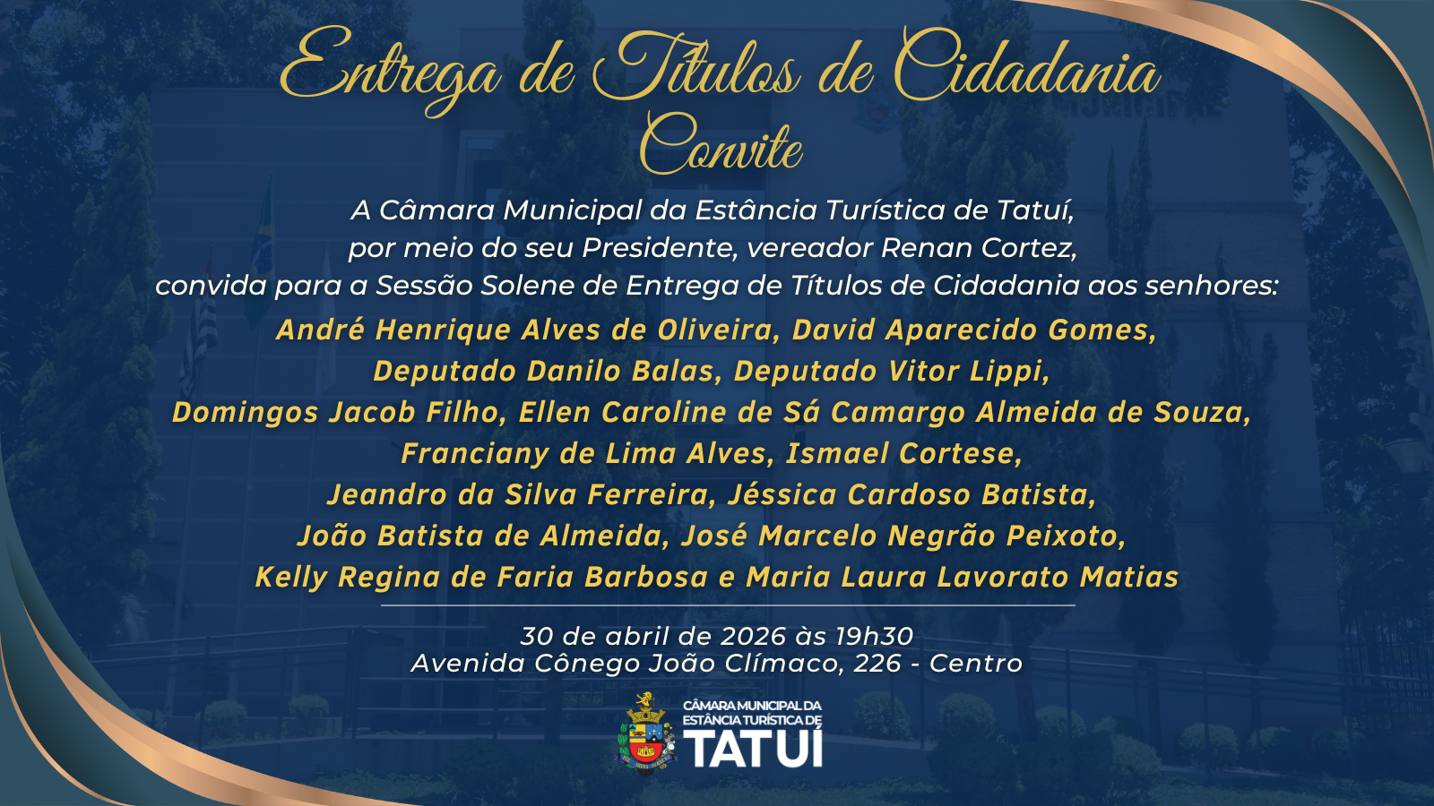 CÂMARA DE TATUÍ VAI ENTREGAR 14 TÍTULOS DE CIDADANIA