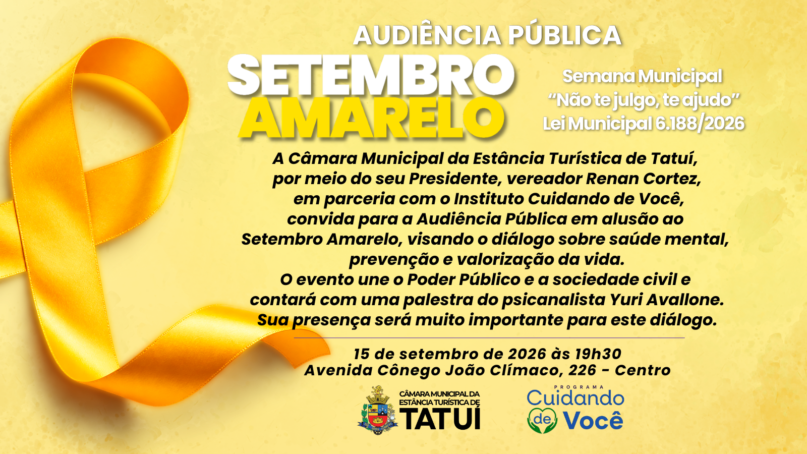 CÂMARA DE TATUÍ REALIZARÁ AUDIÊNCIA PÚBLICA SOBRE O “SETEMBRO AMARELO”
