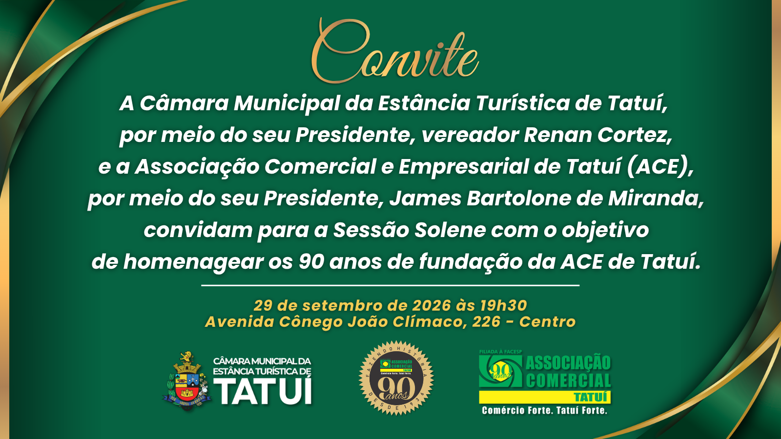 CÂMARA DE TATUÍ REALIZARÁ SOLENIDADE EM HOMENAGEM AOS 90 ANOS DA ASSOCIAÇÃO COMERCIAL E EMPRESARIAL